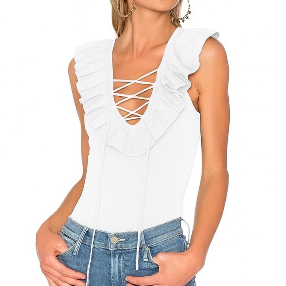 New Central Park West Lace Up Knit Ruffle Sleeveless Bodysuit White Size Small